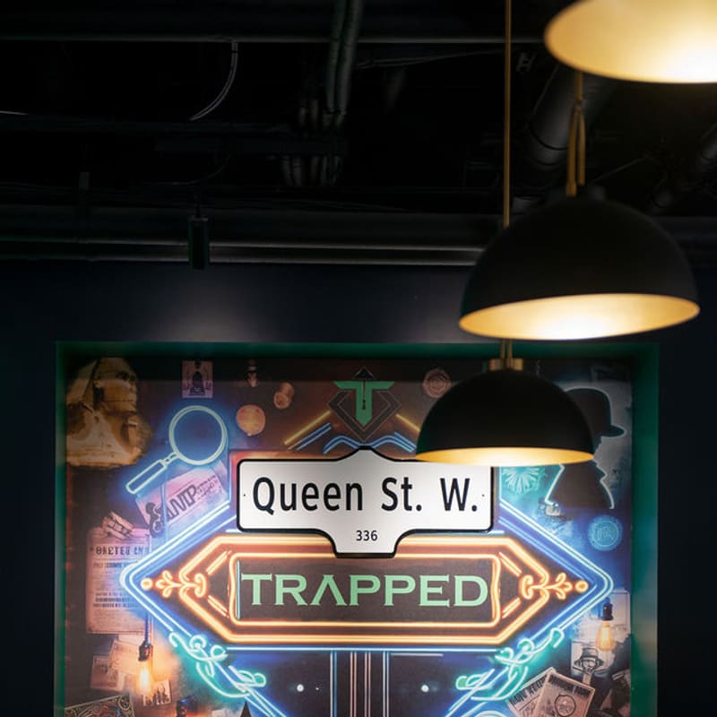 The Queen St. W. TRAPPED neon mural above the bar